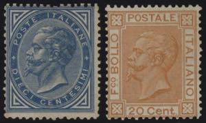 1877 - 10 e 20 centesimi azzurro e ocra ... 