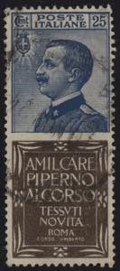 1924 - Piperno 25 cent., Pubb n° 6, ottimo, ... 