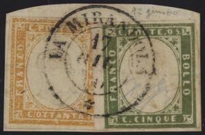 1860 - 5 cent. verde oliva + 80 cent. giallo ... 