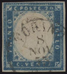 1855 - 20 cent. cobalto latteo vivace, n° ... 