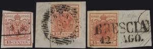 1850 - 15 c. I tipo, n° 3, tre esemplari di ... 