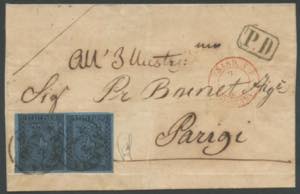 1852 - 40 cent. azzurro, n° 5, in coppia ... 