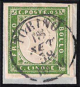 1857/58 c.5 verde giallo scuro (13Ae - Ratt. ... 