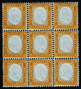 1862 Blocco di nove c.80 arancio (4 ... 