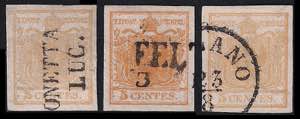 1850 Lotto di tre esemplari del 5 centesimi, ... 
