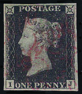 1840 Penny Black lettere IJ con quattro ampi ... 