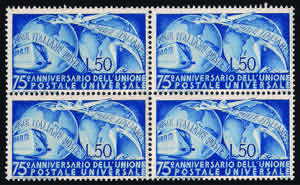 1949 U.P.U. L.50 azzurro in quartina (599 ... 