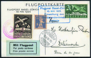 10.V.1925 Flugpost Basel Zurich tre lettere ... 