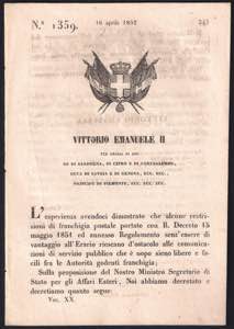1852 Regio Decreto di S.M. Vittorio Emanuele ... 