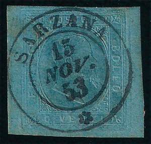 1853 Effigie c.20 azzurro (5 cat.450) con ... 