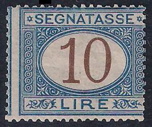 1870/74 Segnatasse L.10 azzurro e bruno (T14 ... 
