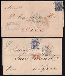 1872/73 Due lettere per la Francia via ... 