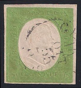 1854 c.5 verde giallo con doppia impronta a ... 