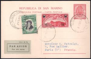 1937 Primo volo San Marino-Parigi, intero ... 