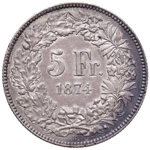 SVIZZERA. Confederazione. 5 Franchi 1874. AG ... 