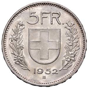 SVIZZERA. Confederazione. 5 Franchi 1952. AG ... 