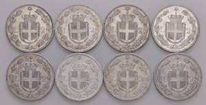 SAVOIA. Lotto di 8 monete: 2 Lire 1881 x 4, ... 