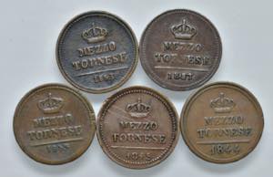 NAPOLI. Lotto di 5 monete. 1/2 Tornese 1844, ... 