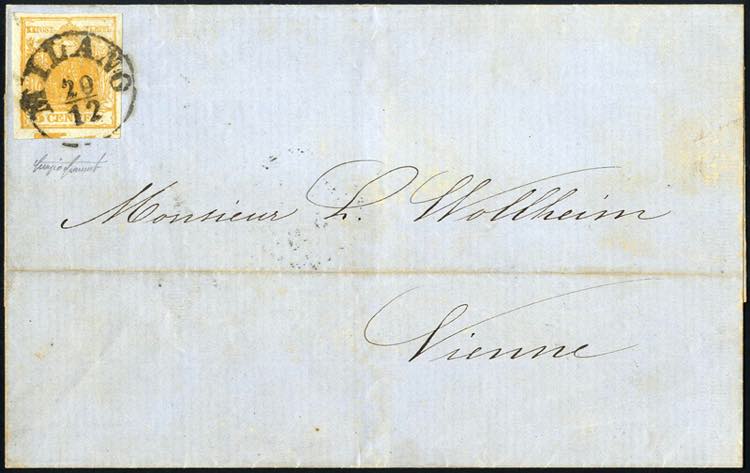 1857, 5 c. arancio carta a mano ... 