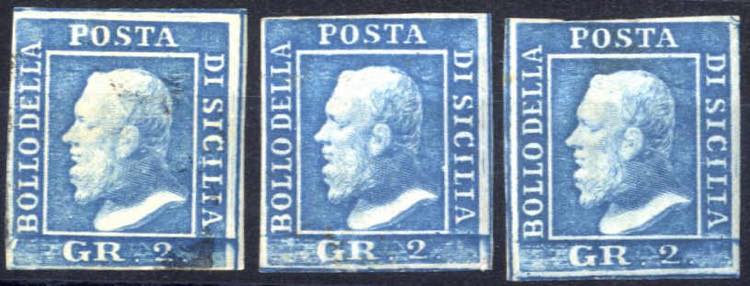 1859, 3 valori 2 gr. azzurro carta ... 