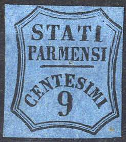 1853/57, 9 Cent. azzurro, senza gomma (Sass. ... 