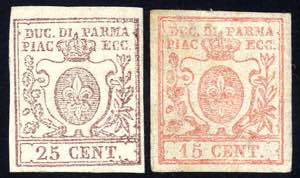 1857/59, 15 Cent. vermiglio + 25 Cent. bruno ... 