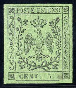 1852, 5 Cent. verde oliva, con punto dopo le ... 