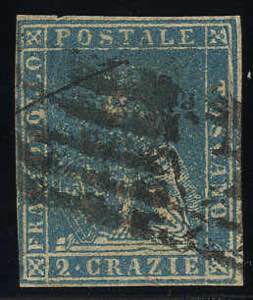 1857, 2 Crazie azzurro, cert. Pavone (S. 13)