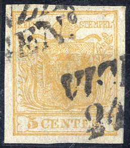 1850, 5 Cent. giallo ocra, usato, ... 
