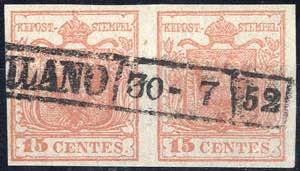 1850, 15 Cent. rosa, coppia orizzontale con ... 