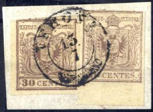 1850, frammento con due 30 cent. I° tipo di ... 