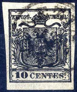 1850, 10 Cent. nero carbone, ben marginato, ... 