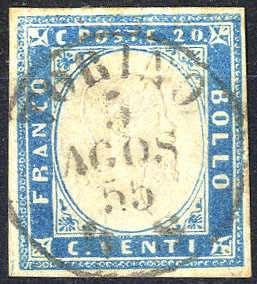 1855, 20 Cent. cobalto su frammento usato ... 