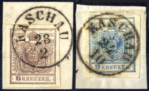 Kaschau 1850 , 6 + 9 Kreuzer Briefstücke ... 