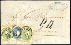 1860, 16 Kreuzerbrief mit zwei Stück 3 ... 