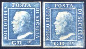 1859, 2 gr. azzurro I tavola, due valori ... 