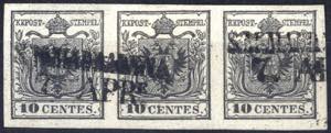 1850, 10 Cent. nero. striscia di tre ... 