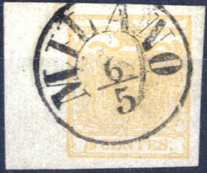 1850, 5 cent I° tipo giallo ocra su carta a ... 