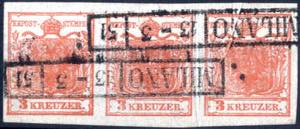 1850, waagrechter Dreierstreifen 3 Kreuzer ... 
