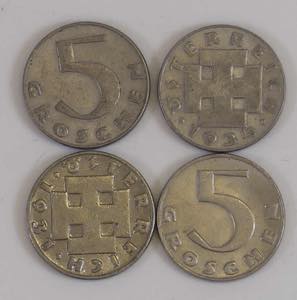 5 Groschen 1931/37, Lot mit vier Stück der ... 