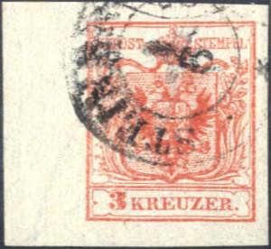 1850, 3 Kr. rosa Handpapier, rechter Rand 9 ... 