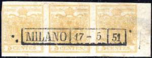 1850, striscia di tre del 5 cent. giallo ... 