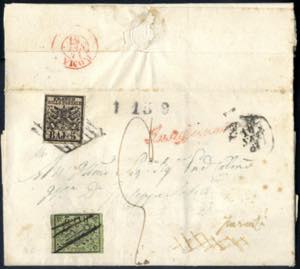 1857, lettera da Ancona affrancata con 5 b. ... 
