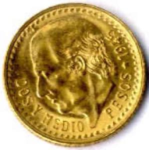 1945, 2 1/2 Pesos in Gold, vz, Fein 1,89