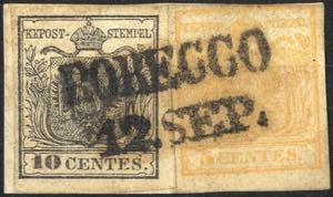 1850, 5 c. giallo e 10 c. nero carta a mano ... 