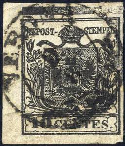 1850, 10 c. nero carta a mano con larga ... 