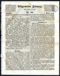 1841, Allgemeine Zeitung aus Augsburg vom 9. ... 