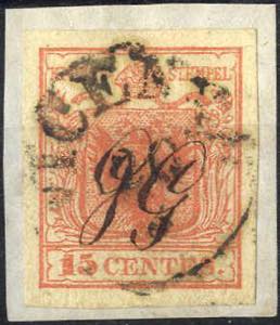 1850/54, 15 c carta a mano rosso su ... 