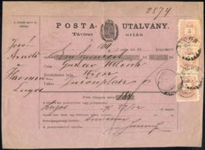 1875, Postanweisung mit Coupon von Lugos am ... 