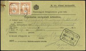 1916, Telefon-Billet von Szilagykövesd vom ... 
